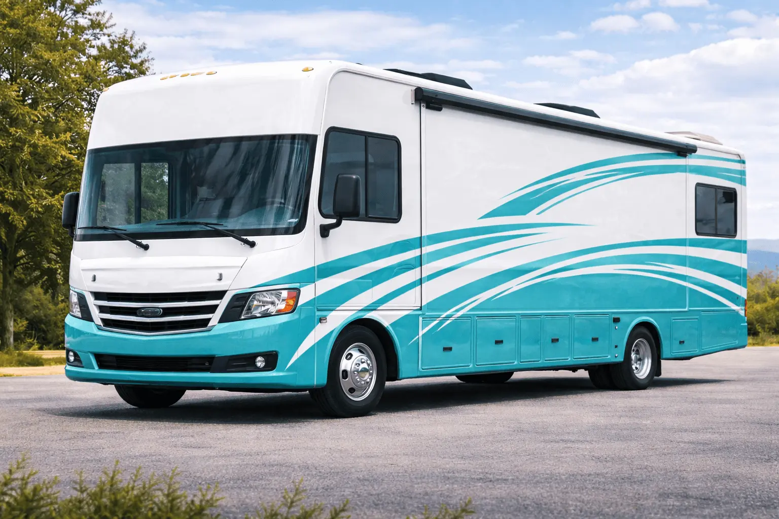 Samyrv.com buys unwanted RVs or junk RVs. Sell your RV today! Image with a turquoise and white RV